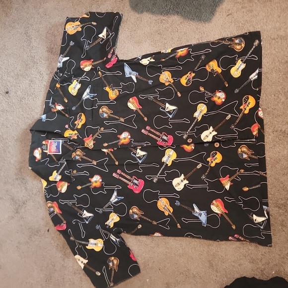 Guitar Print Black Casual Button Down Shirt - Picture 1 of 3